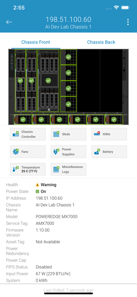 OpenManage Mobile - Interface of OpenManage Mobile app showing the health status and component layout of a Dell PowerEdge MX7000 server chassis.