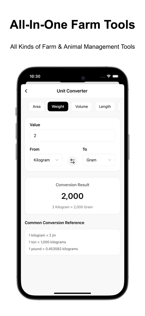 Livestock Manager-Farm Records - Livestock Manager app unit converter interface showing weight conversion from kilograms to grams