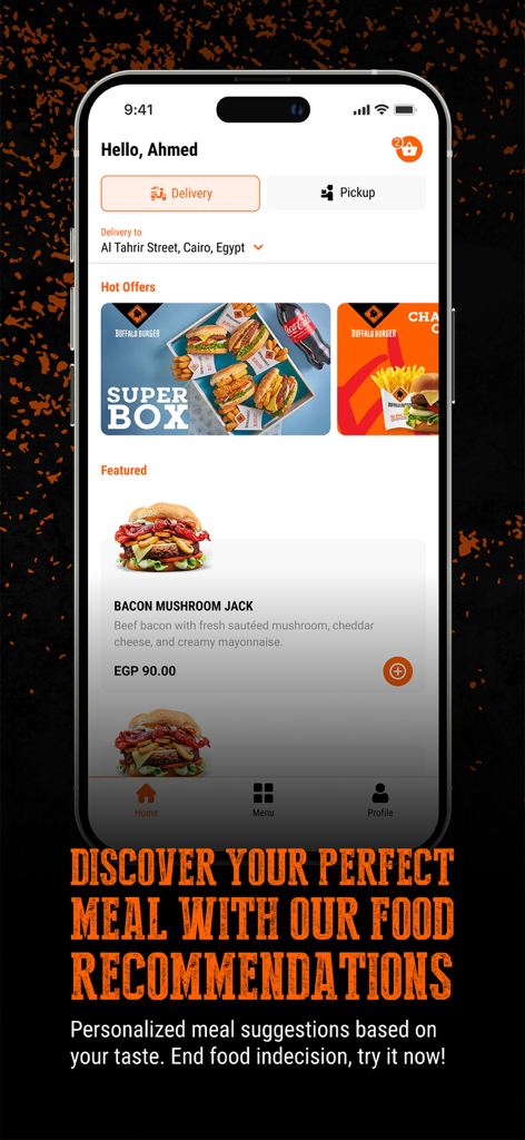 Buffalo Burgerモバイルアプリのホーム画面、パーソナライズされたおすすめ料理と注目のバーガーが表示されている