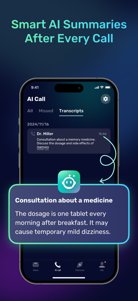 AI Phone:Call&Voice Translator - Interface do aplicativo móvel mostrando resumos de chamadas gerados por IA e transcrições de uma conversa telefônica