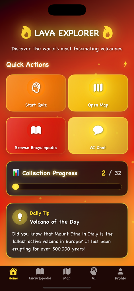 Home screen of the Lava Explorer app displaying volcano reference tools and AI chat