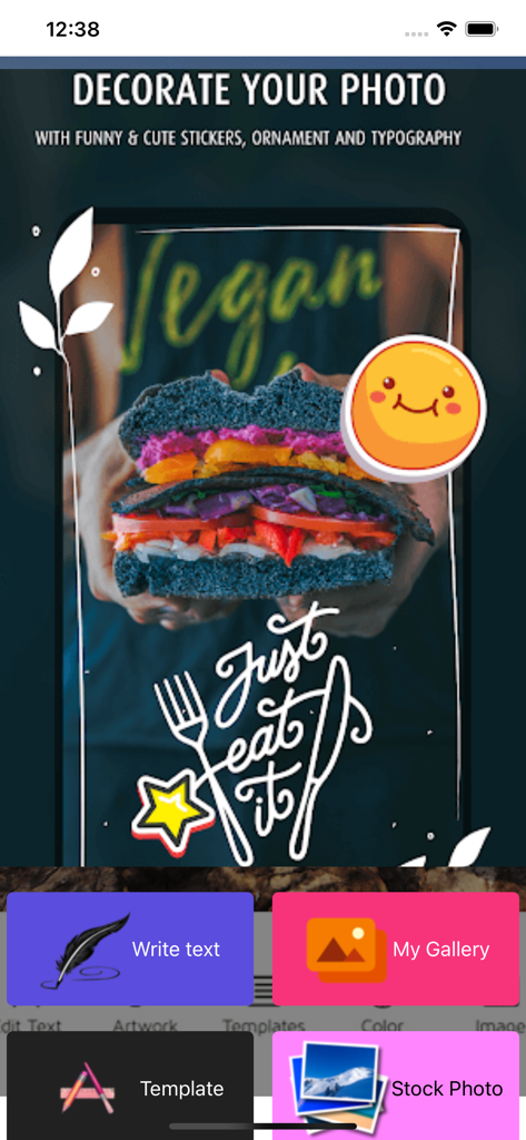 Typorama-Edit Text On Pictures - Interface of the Typorama app showing a photo of a burger decorated with stickers and stylized typography.