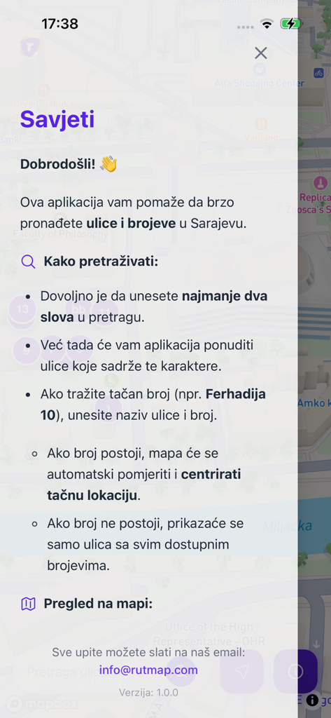 Rutmap Sarajevo - Una pantalla de instrucciones para la aplicación Rutmap Sarajevo que explica cómo buscar calles y números de casa con consejos de búsqueda inteligente.
