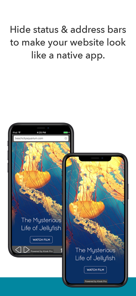 Kiosk Pro Lite - Confronto che mostra un sito web in un browser standard rispetto a Kiosk Pro Lite con barre di stato e indirizzi nascoste per un aspetto da app nativa.
