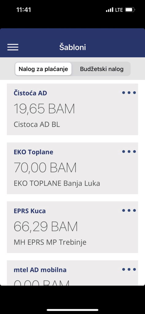 Screenshot of payment templates in the mBank BPS app showing utility bills for cleaning heating and electricity in BAM currency