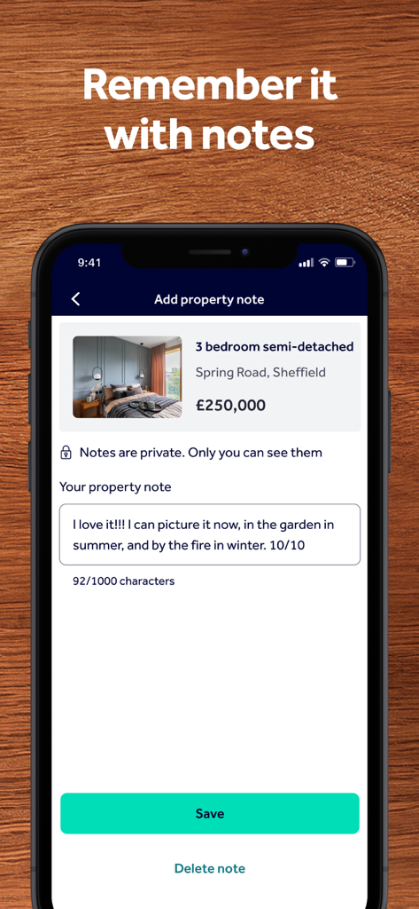 Pantalla de la aplicación Rightmove que muestra la función de notas privadas de la propiedad para un listado de casas