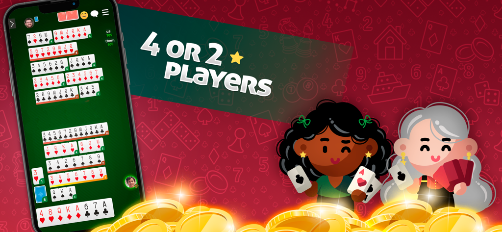 Buraco MegaJogos: Cartas - Smartphone screen showing Buraco card game gameplay with text for 4 or 2 players and female character illustrations