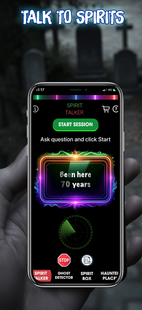 Spirit Whisper - Ghost Talker - iPhone displaying the Spirit Whisper app interface with a supernatural message in a graveyard