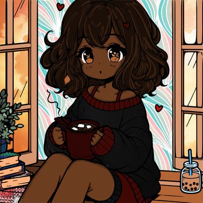 cute anime girl reading book and drinking hot chocolate from mug with loose wavy hair wearing a baggy sweatshirt and shorts sitting by windowsill looking out