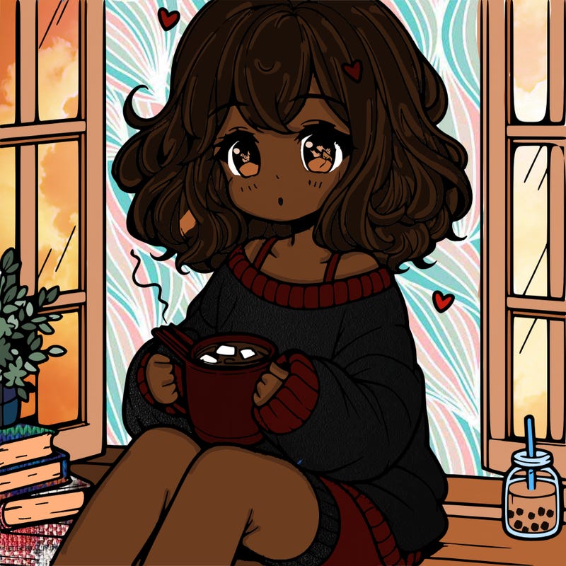 cute anime girl reading book and drinking hot chocolate from mug with loose wavy hair wearing a baggy sweatshirt and shorts sitting by windowsill looking out