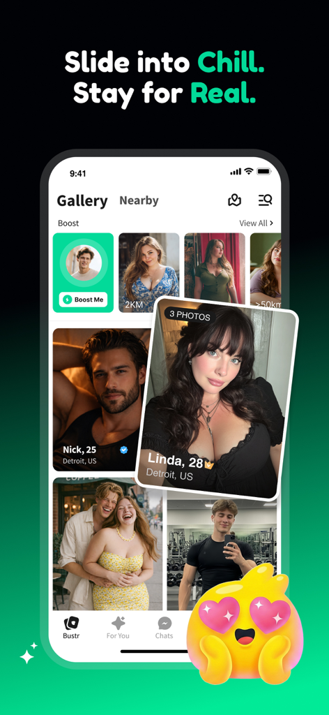 BBW Dating & Curvy Meet: Bustr - Bustr dating app interface displaying a gallery of local curvy singles and admirers profiles