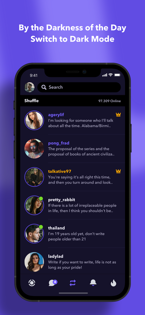 Tela de smartphone exibindo a lista de shuffle do aplicativo Chat Anônimo no modo escuro com vários perfis de usuário