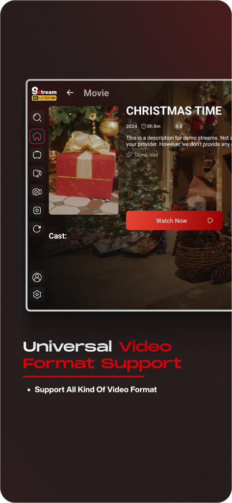 9Xtream 4K Player - IPTV Live - 9Xtream 4K Player-Oberfläche für Filme, die die universelle Unterstützung für Videoformate zeigt