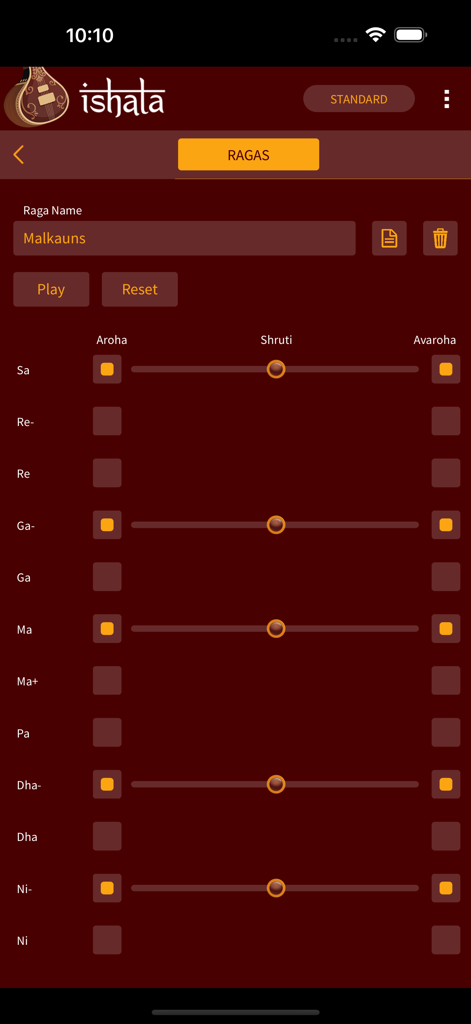 iShala - Interface de l'application mobile iShala pour la personnalisation des ragas Malkauns avec des curseurs de microton shruti