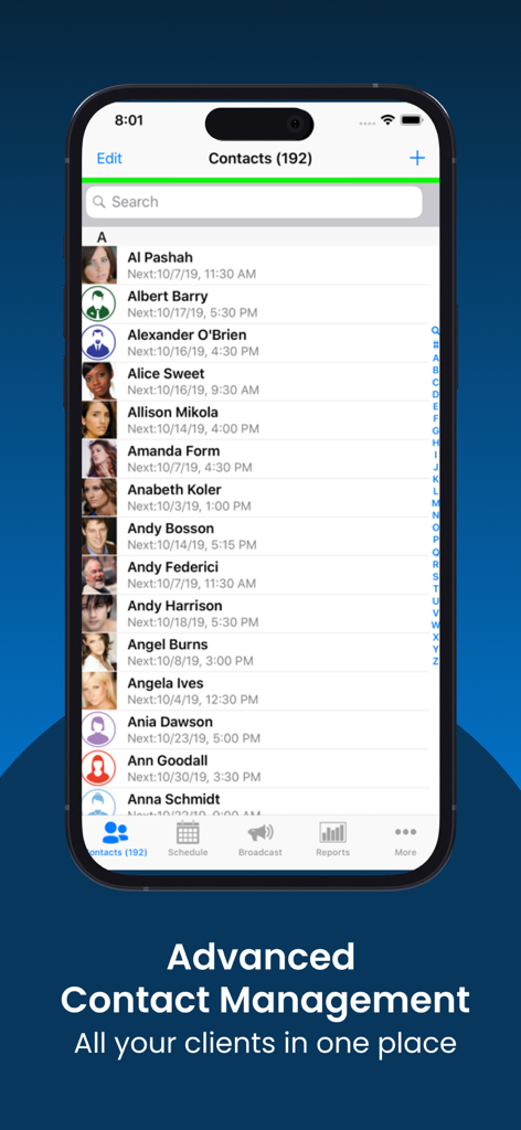 Salon Booking Appointments - Elenco contatti dell'app MySalon che mostra nomi di clienti e date dei prossimi appuntamenti