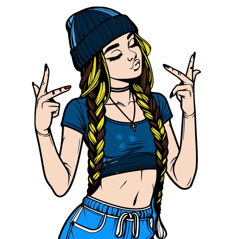 realistic teenage girl with braids and a beanie and crop top doing 🫶🏼
