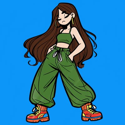 girl in baggy pants crop top and long hair