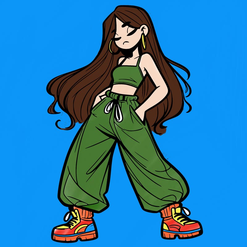 girl in baggy pants crop top and long hair