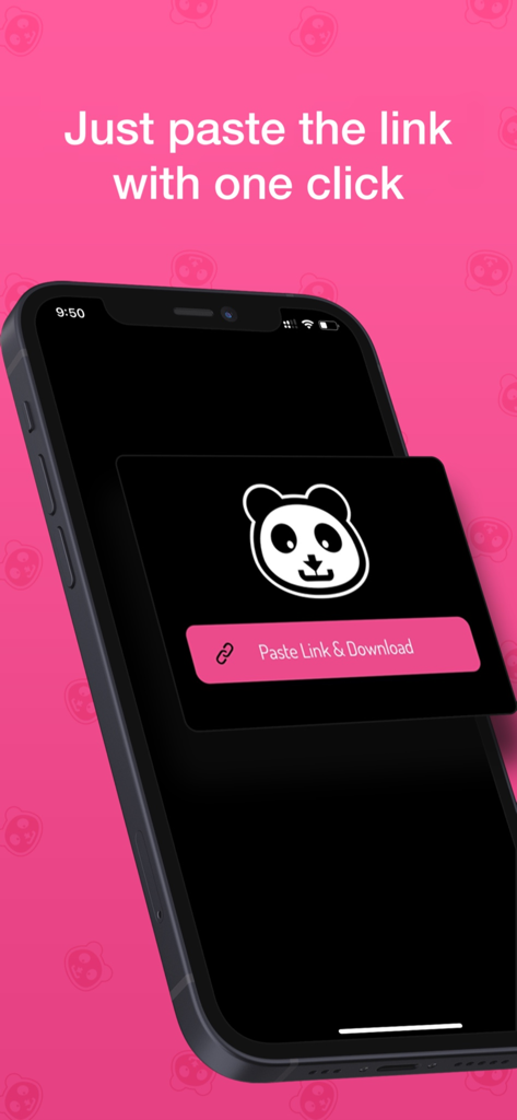 Panda Saver: Video Bookmarks - Smartphone screen showing the Panda Saver app with a pink button to paste link and download videos