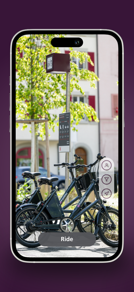 PubliBike Velospot app screen featuring parked bicycles at a rental station.