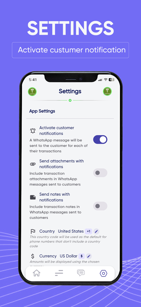 Debt System app settings screen showing WhatsApp notification toggles and US currency selection