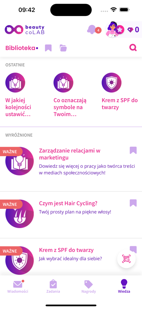 Beauty CoLAB - The library screen of the Beauty CoLAB app featuring educational articles on skincare and marketing for creators