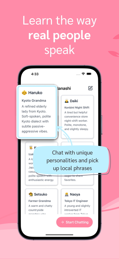 Hanashi - Speak Japanese - A mobile app screen showing various AI personalities for Japanese conversation practice including a Kyoto Grandma and a Tokyo IT Engineer