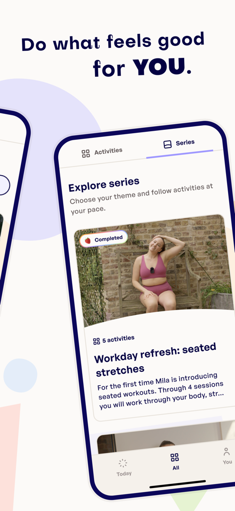 Mila by Camilla Lorentzen - Mila app interface showing a workday refresh seated stretches workout series