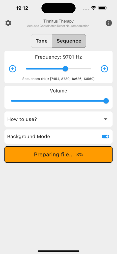 Tinnitus Therapy - ACRN - Interface de l'application Tinnitus Therapy ACRN montrant les réglages de réglage de fréquence et de volume pour la thérapie sonore ACRN