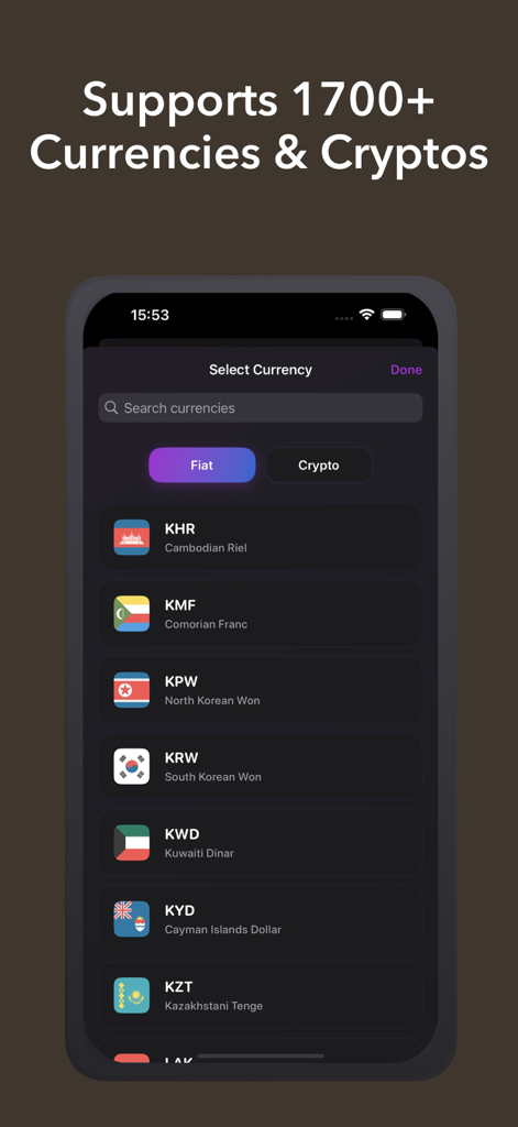 Blockfolio Pro: Crypto Tracker - A mobile app screen showing a currency selection menu for over 1700 fiat and cryptocurrencies with a list of global currencies and their flags.