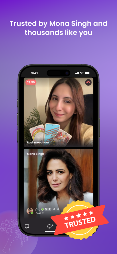 coto - A video call interface in the coto app showing a live tarot reading session with an expert.