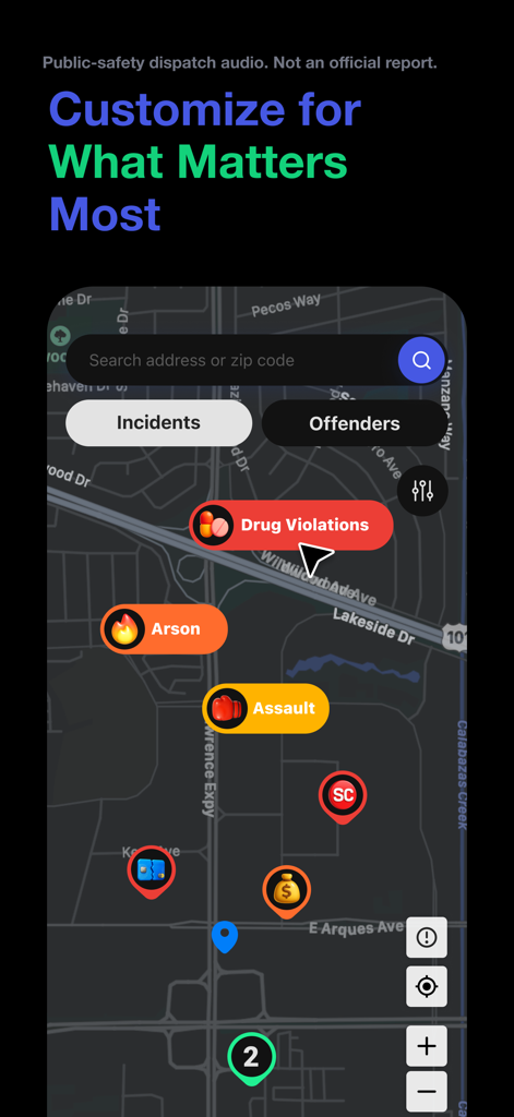 CrimeRadar Dispatch Audio - A dark mode map in the CrimeRadar app displaying various incident pins such as arson and assault