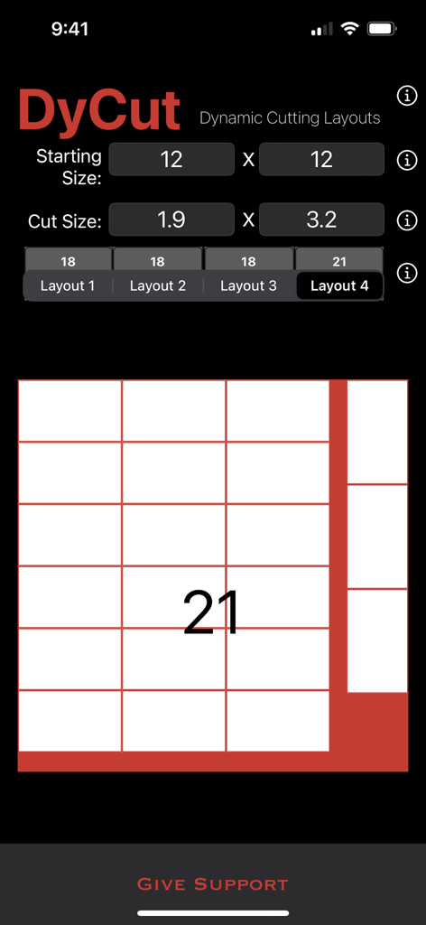 Aplicativo DyCut exibindo um layout de corte otimizado para uma chapa de material.
