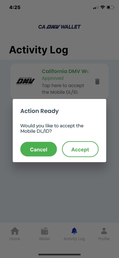 CA DMV Wallet - CA DMVウォレットアプリの画面。モバイル運転免許証を受け入れるためのプロンプトが表示されます。