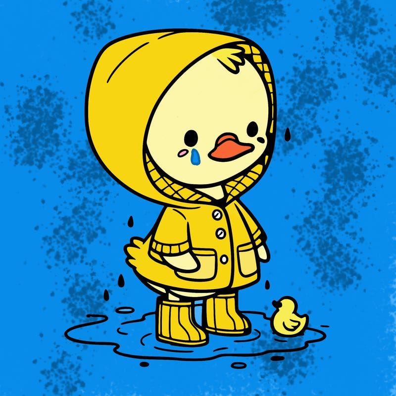 baby duck in a rain coat and boots, in a puddle while it’s raining