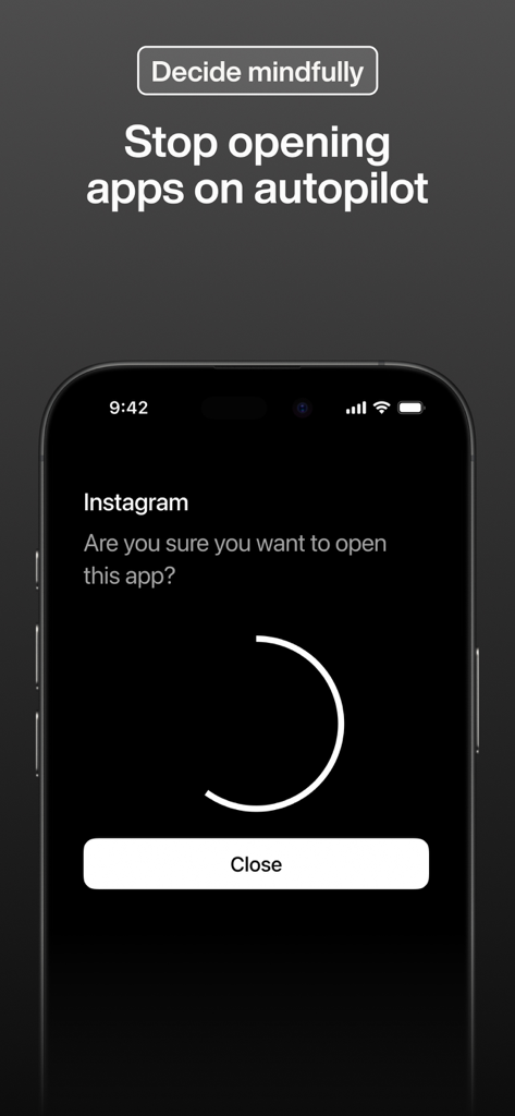 Minimalist phone screen asking the user to decide mindfully before opening Instagram to prevent autopilot app usage.