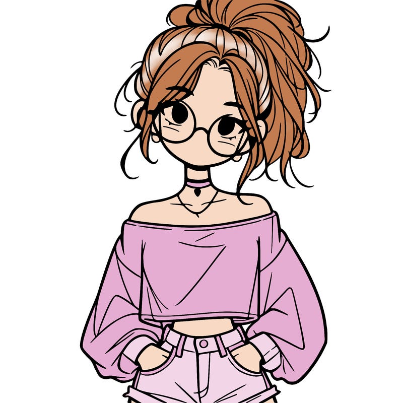 girl with a messy ponytail glasses a baggy crop top and jean shorts