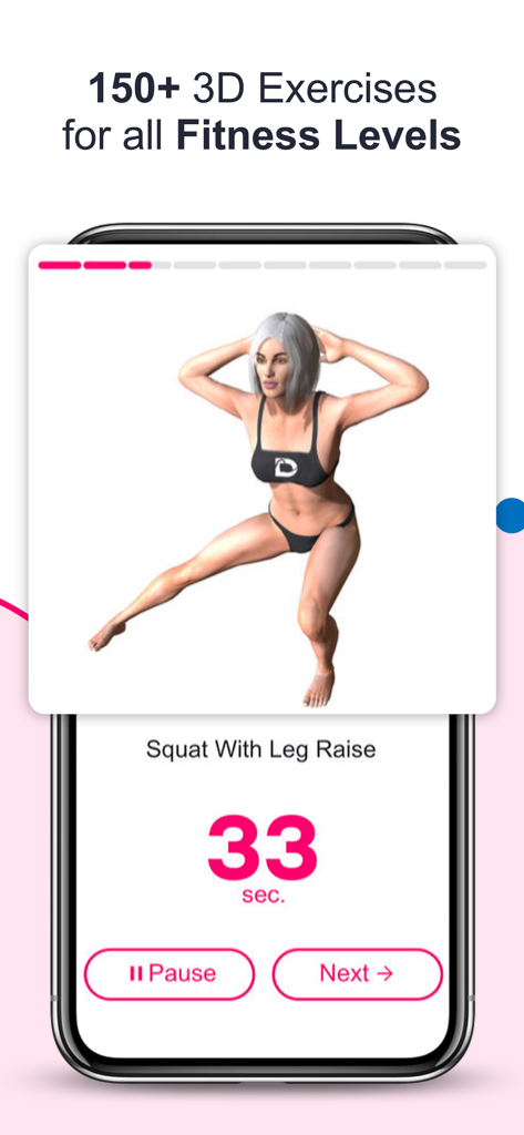 Demic: Weight Loss Workouts - A 3D female character performing a squat with leg raise exercise in the Demic fitness app interface