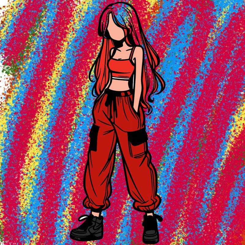 girl in baggy pants crop top and long hair