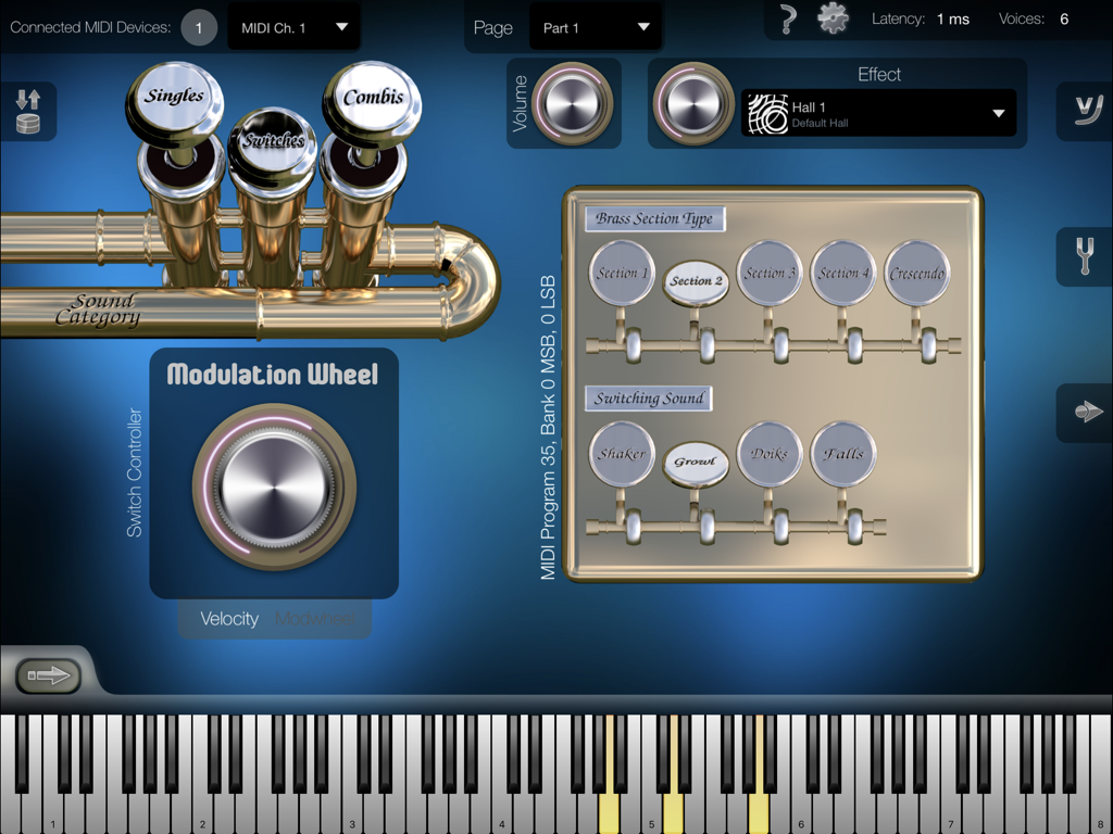 Heavy Brass app interface showing brass section types and articulation settings with a virtual keyboard