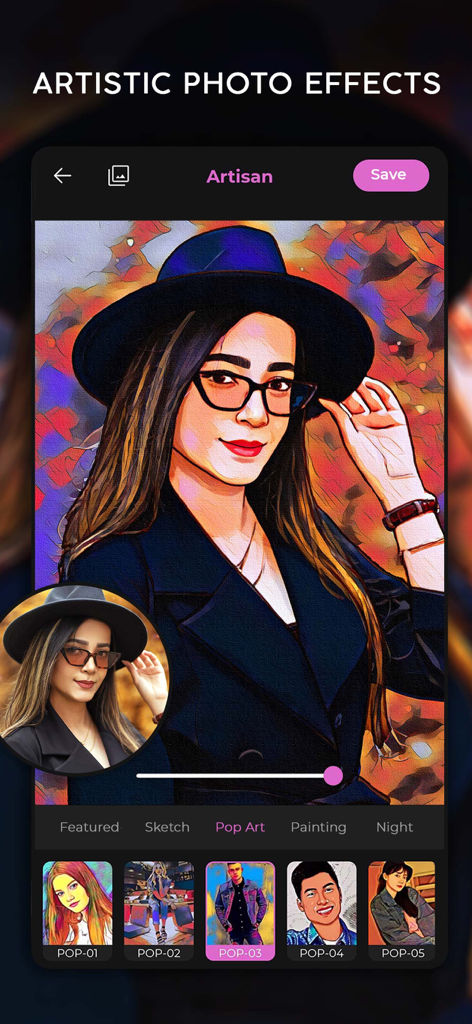 Interfaz de la aplicación Artisan que muestra un filtro pop art aplicado al retrato de una mujer con una comparación con la foto original