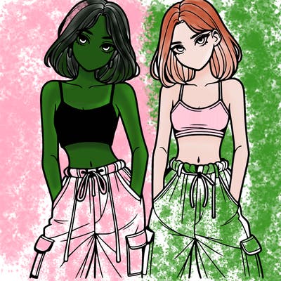 two girls with crop top with baggy pants