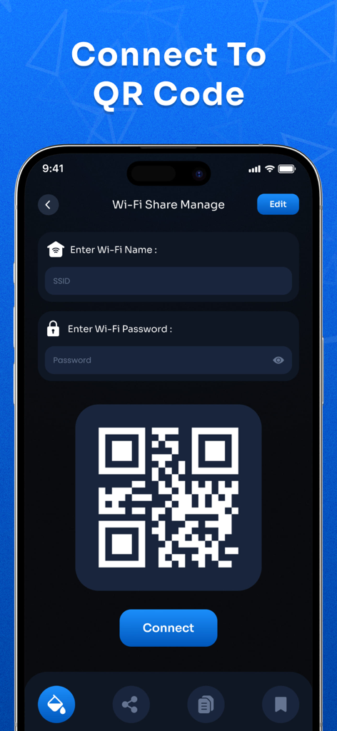 Wifi Share Manager app screen showing a QR code and options to enter WiFi name and password for connection.