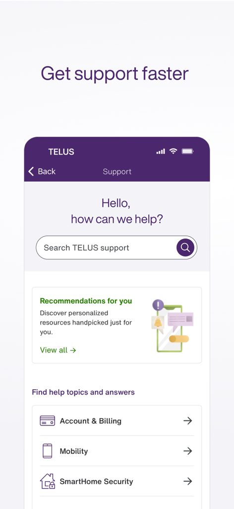 Schermata di supporto dell'app My TELUS con barra di ricerca e categorie di aiuto per fatturazione dell'account e mobilità