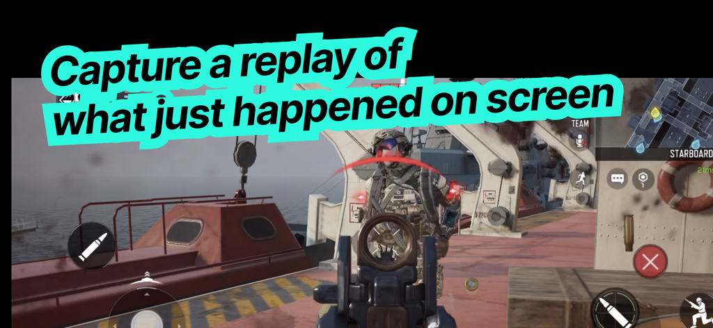 A first-person shooter gameplay screen with text overlay saying capture a replay of what just happened on screen