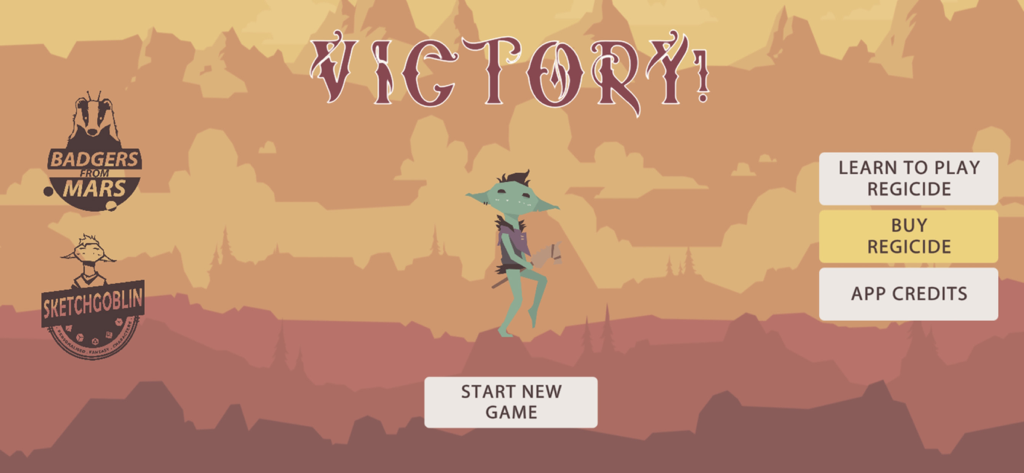 Regicide Companion - The victory screen of the Regicide Companion app showing game completion and main menu options