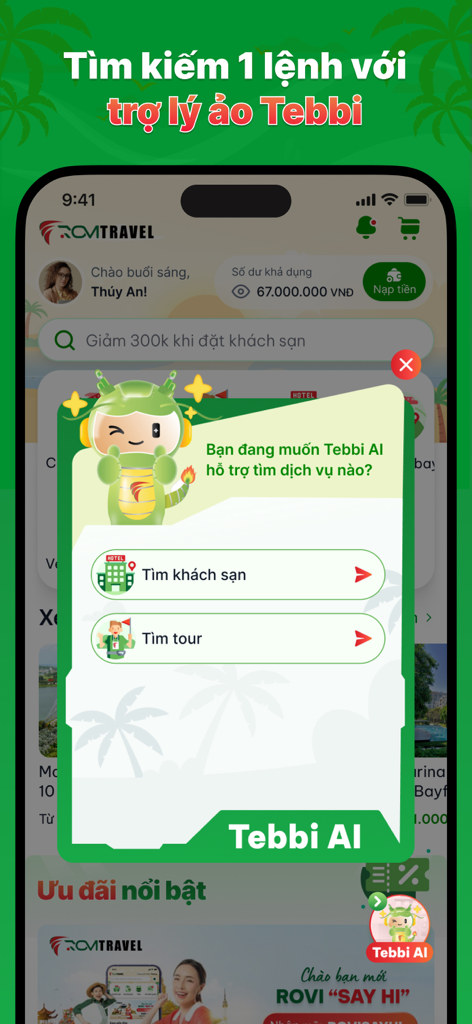 Rovi Travel - Interfaz de la aplicación Rovi Travel mostrando la ventana emergente del asistente virtual Tebbi AI para reservar hoteles y tours