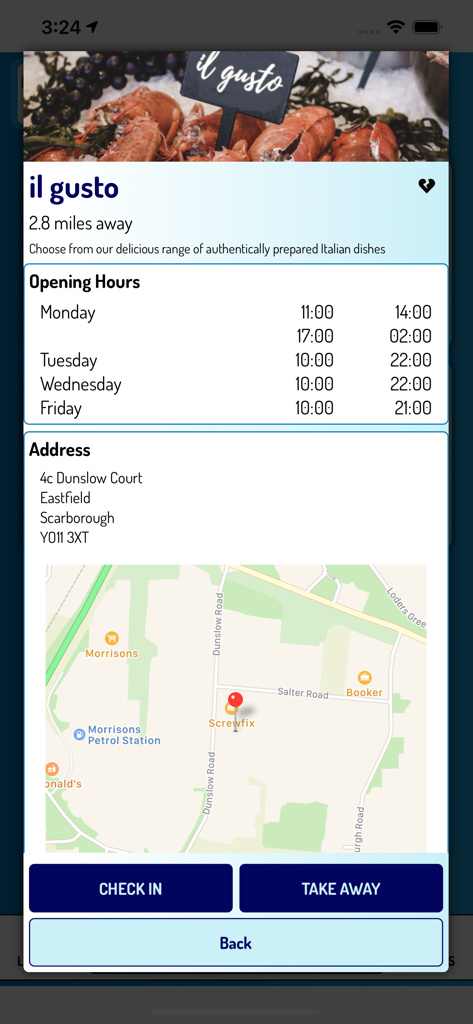 Order-Me - Restaurant information screen for il gusto showing opening hours and address with a location map in the Order-Me app