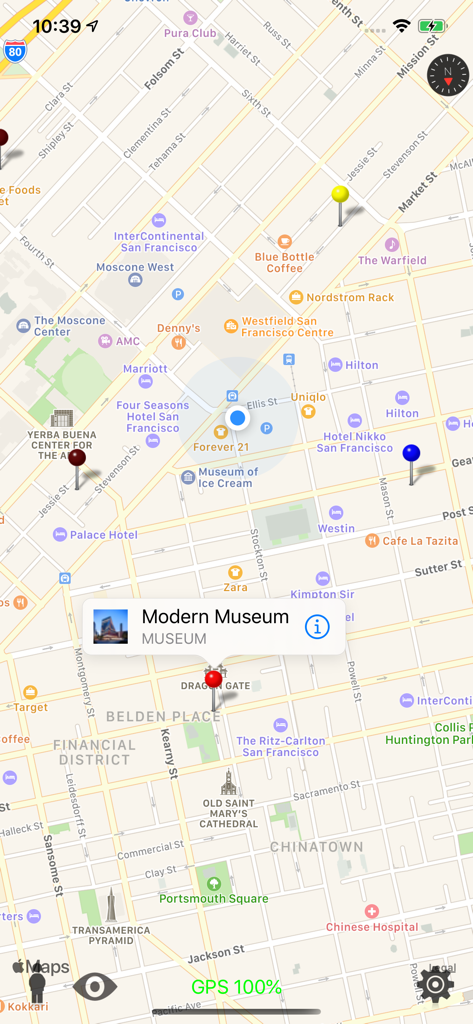 A digital map interface showing multiple colored pins and a location detail popup for Modern Museum in San Francisco.