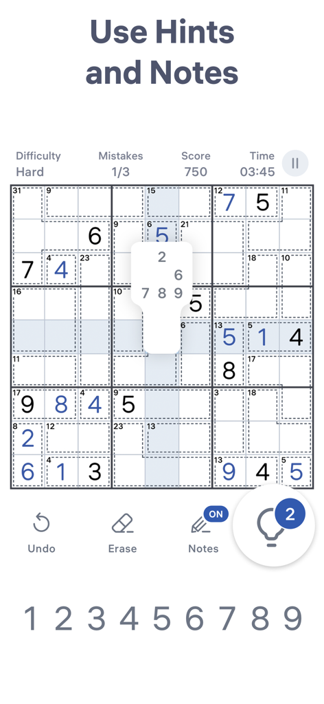 Screenshot del gameplay di Killer Sudoku che evidenzia la funzione di suggerimenti e note a un livello di difficoltà elevato.